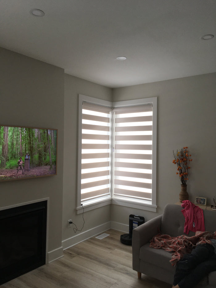 Corner window have you stumped on how to install? Our professional installers made this set of zebra shades fit perfectly