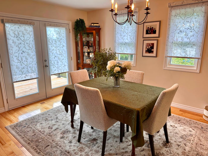 The cherry blossom print compliments the style of this dining area; a subtle yet impactful update